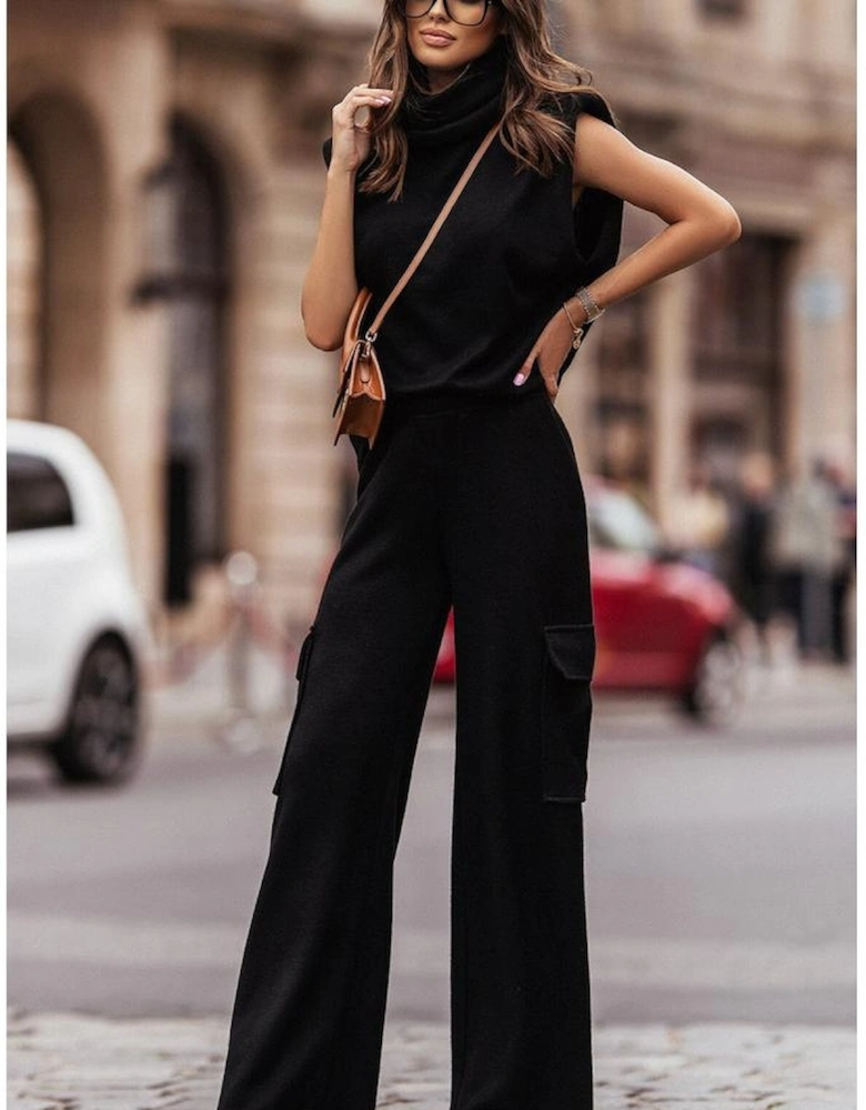 Black High Neck Sleeveless Vest and Cargo Pants Outfit