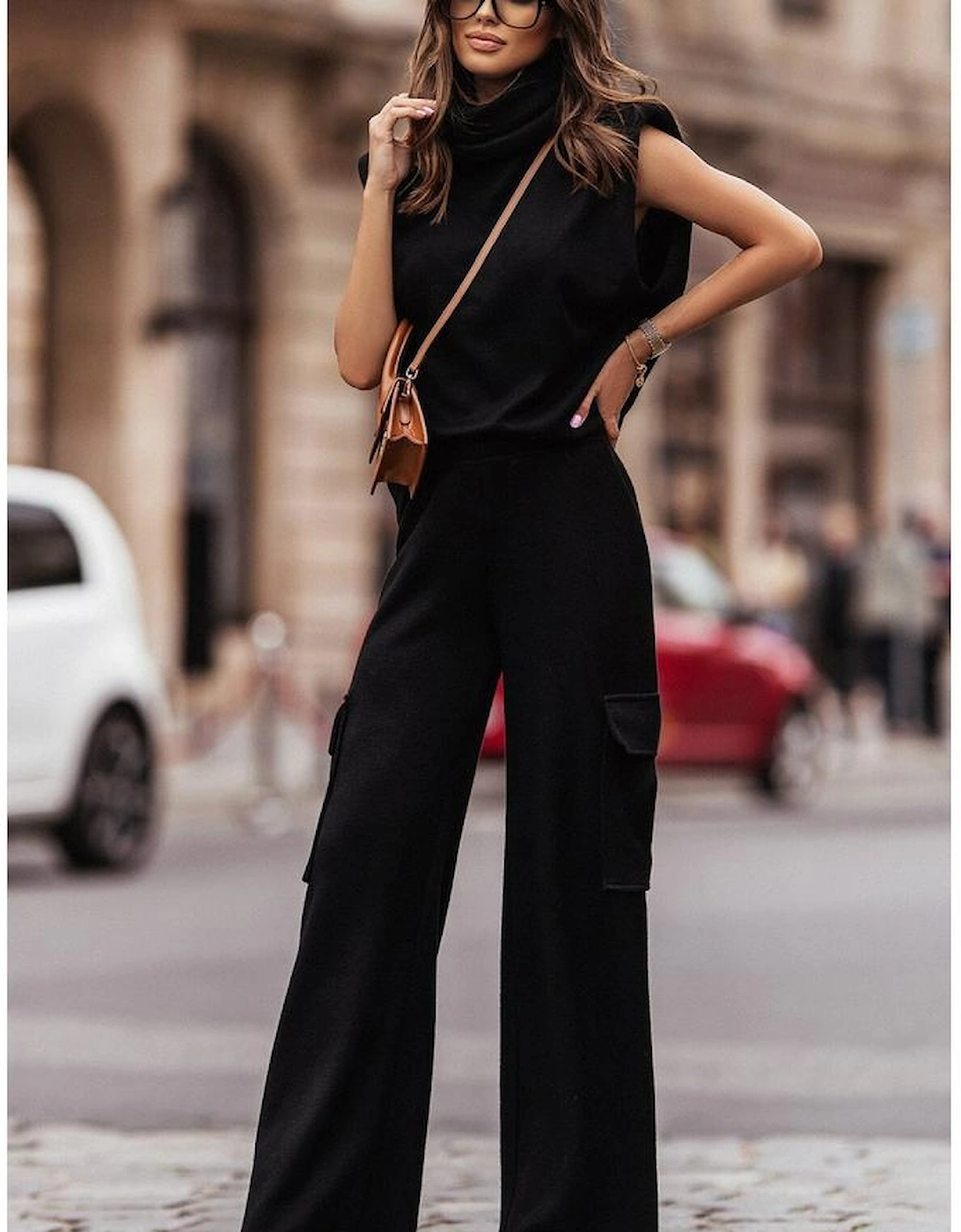 Black High Neck Sleeveless Vest and Cargo Pants Outfit