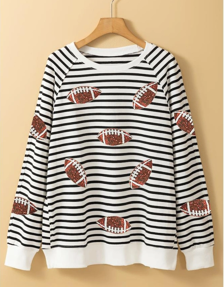 Black Stripe Sequin Rugby Football Side Slits Oversized Sweatshirt