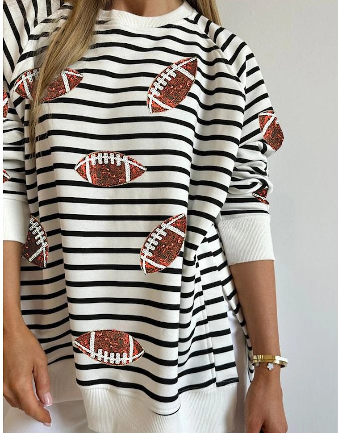 Black Stripe Sequin Rugby Football Side Slits Oversized Sweatshirt, 6 of 5
