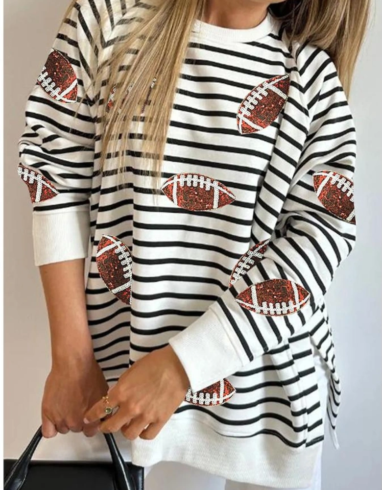 Black Stripe Sequin Rugby Football Side Slits Oversized Sweatshirt