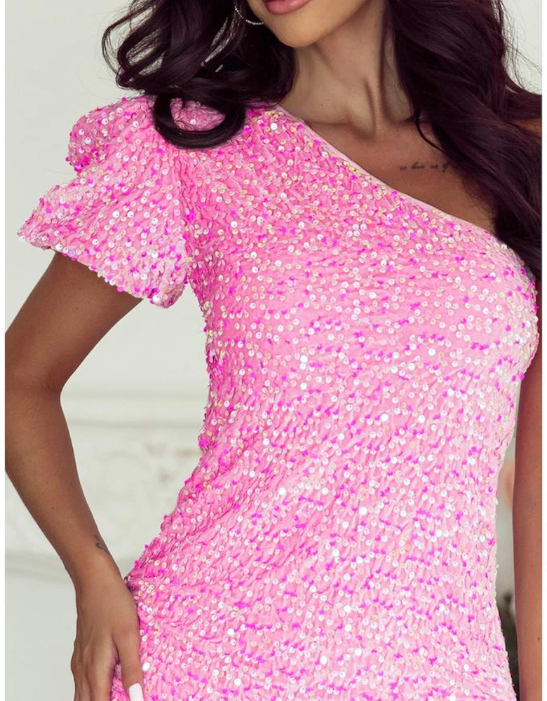 Pink Sequin One Shoulder Puff Sleeve Bodycon Mini Dress