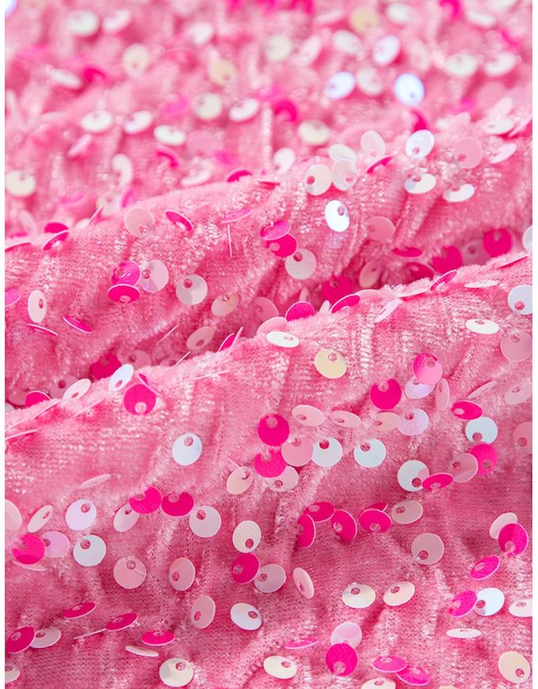 Pink Sequin One Shoulder Puff Sleeve Bodycon Mini Dress