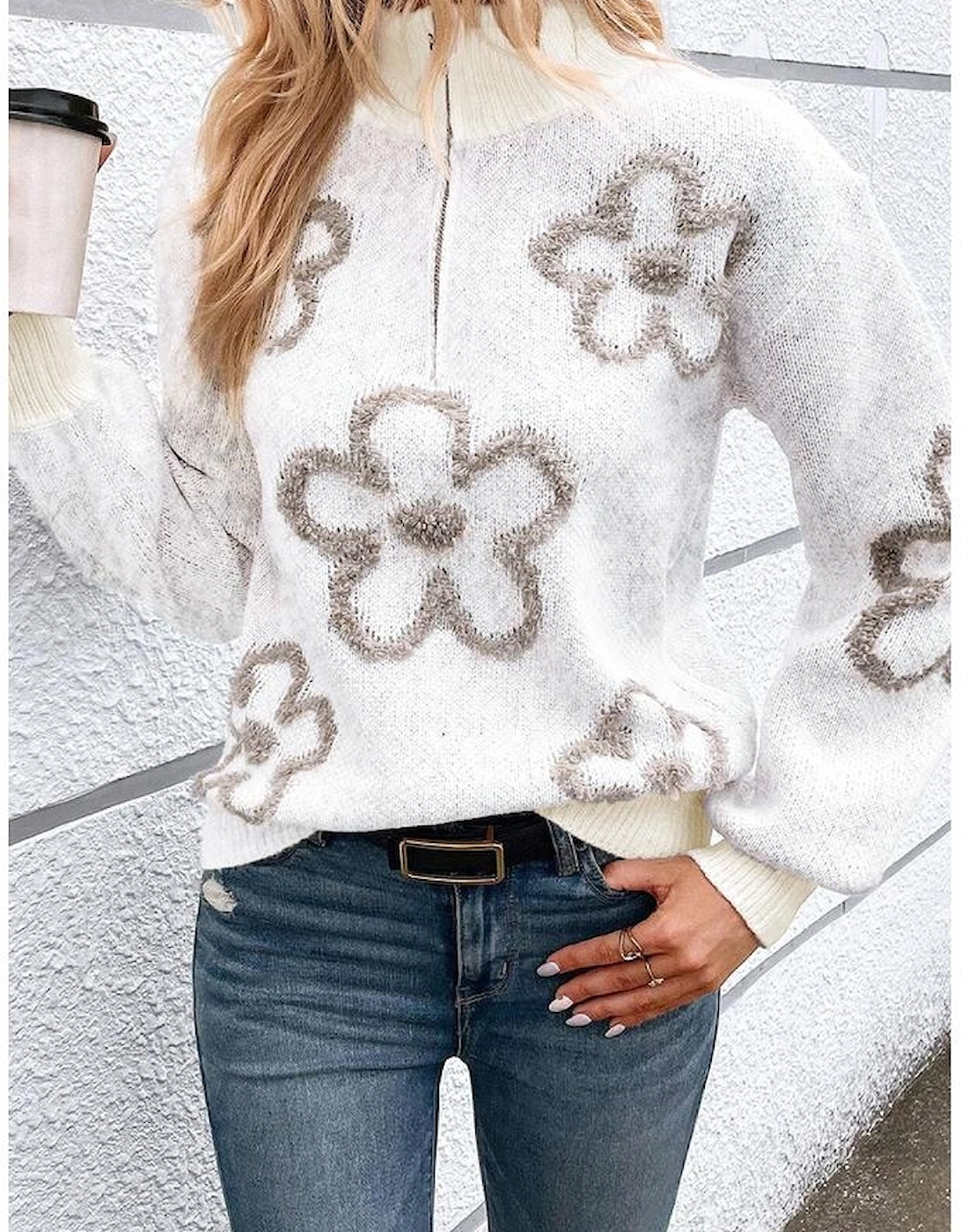 White Contrast Flower Half Zipper Stand Neck Sweater