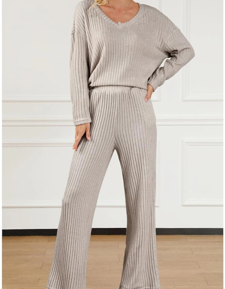 Khaki Ribbed Knit V Neck Slouchy Two-piece Outfit