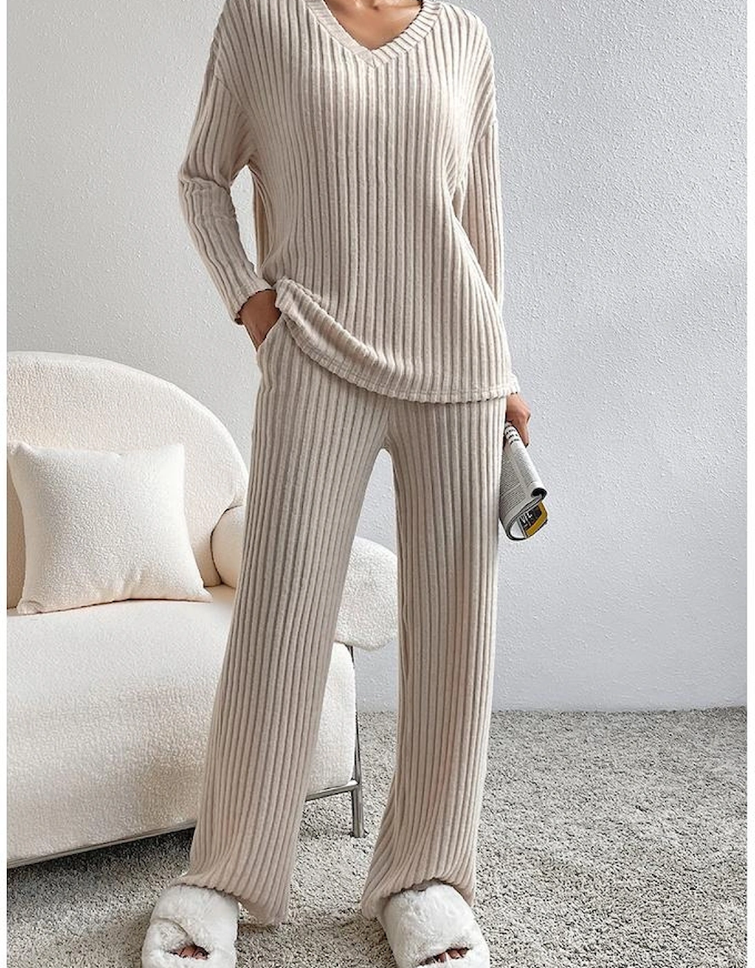 Khaki Ribbed Knit V Neck Slouchy Two-piece Outfit, 15 of 14