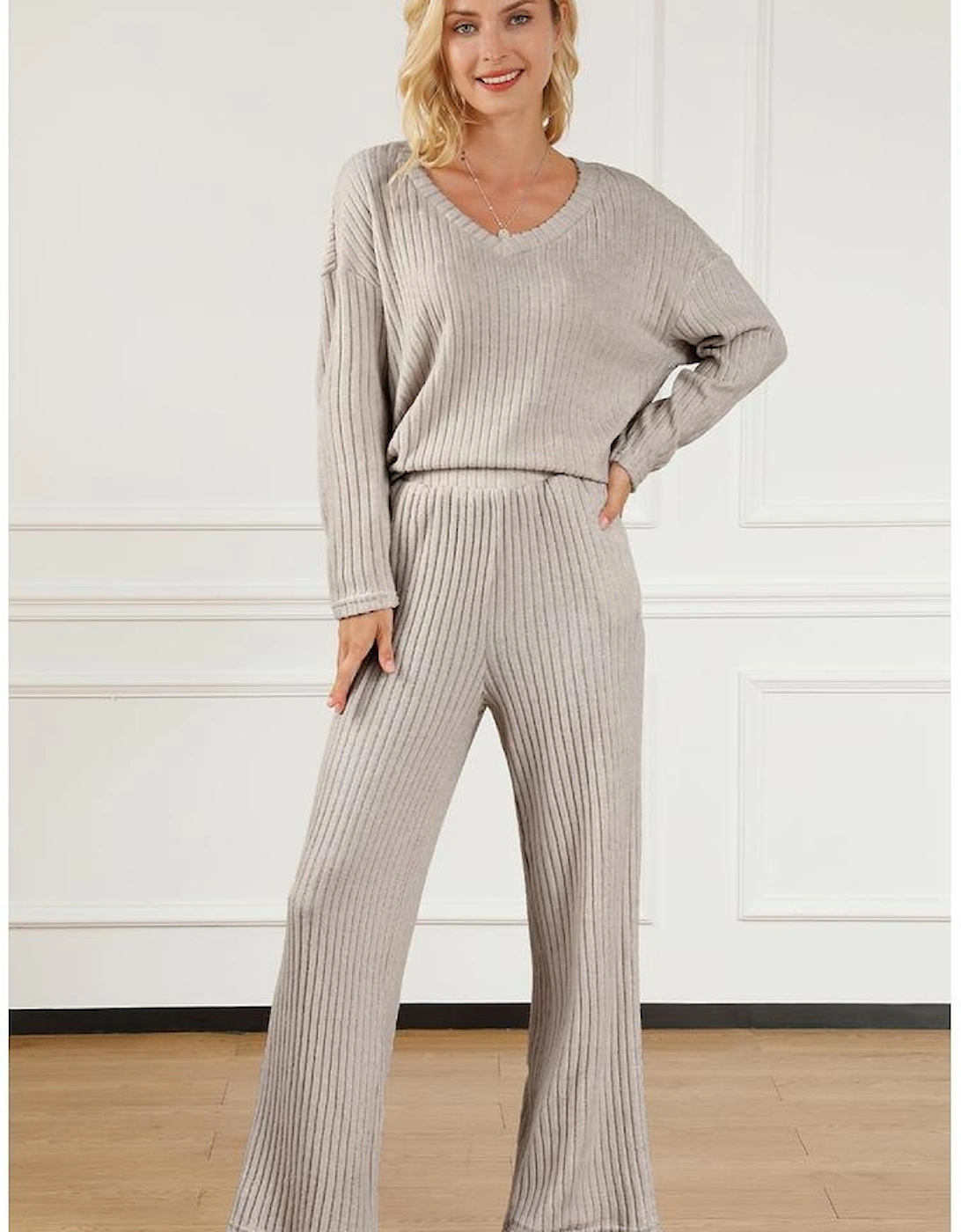 Khaki Ribbed Knit V Neck Slouchy Two-piece Outfit