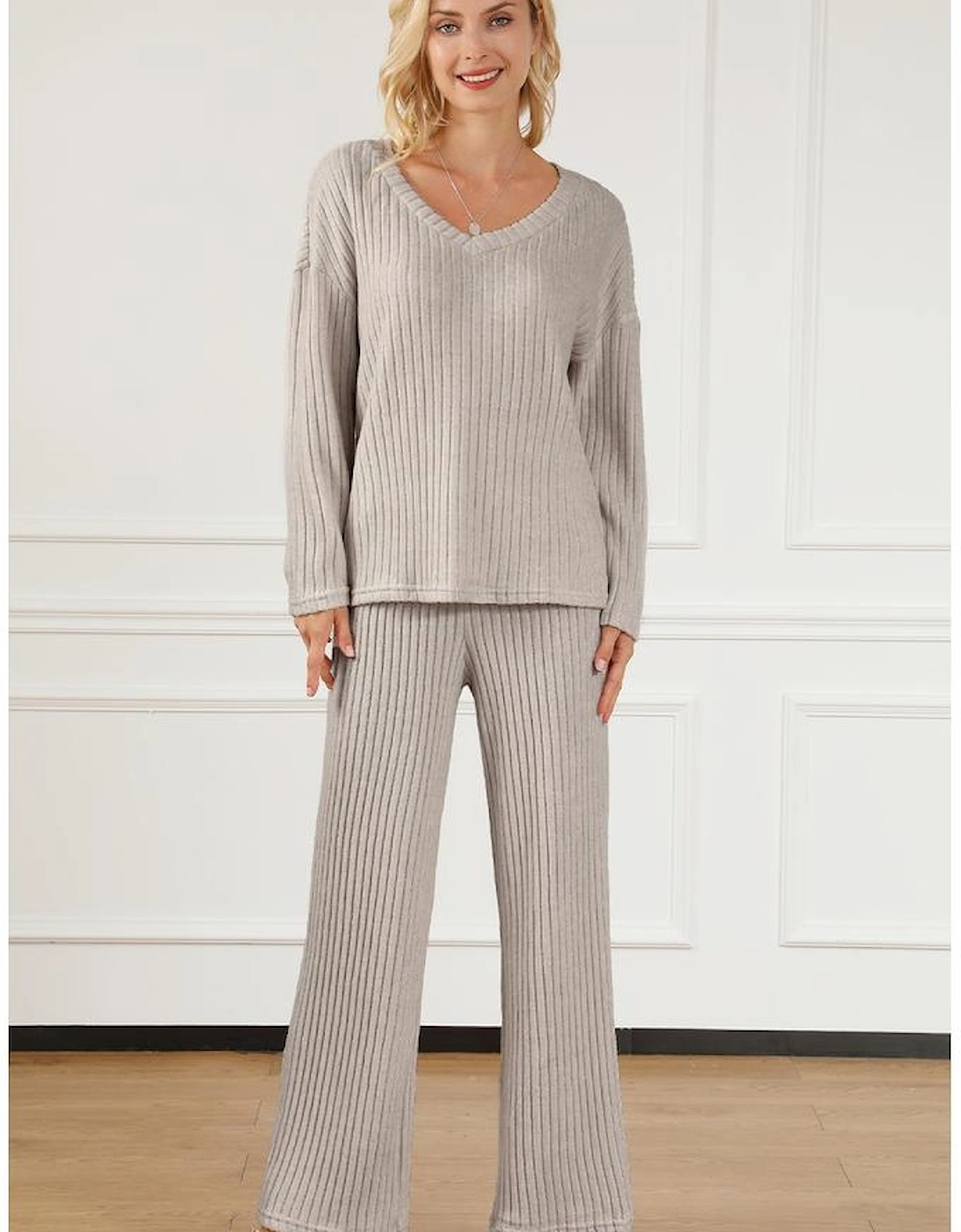 Khaki Ribbed Knit V Neck Slouchy Two-piece Outfit