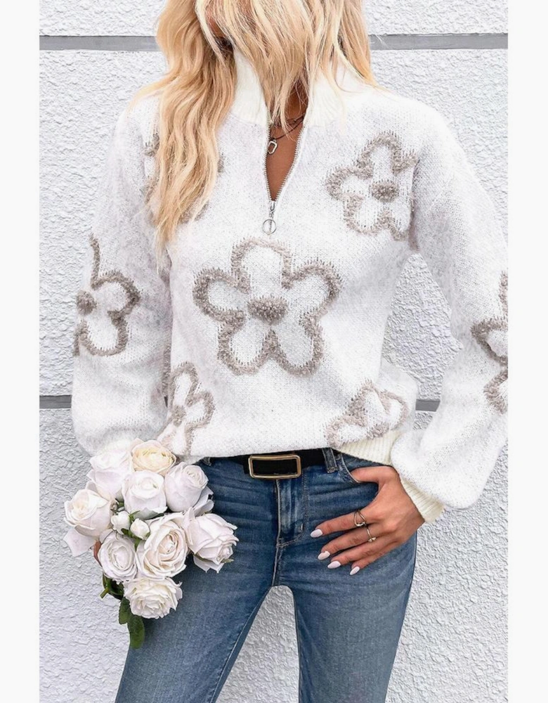 White Contrast Flower Half Zipper Stand Neck Sweater