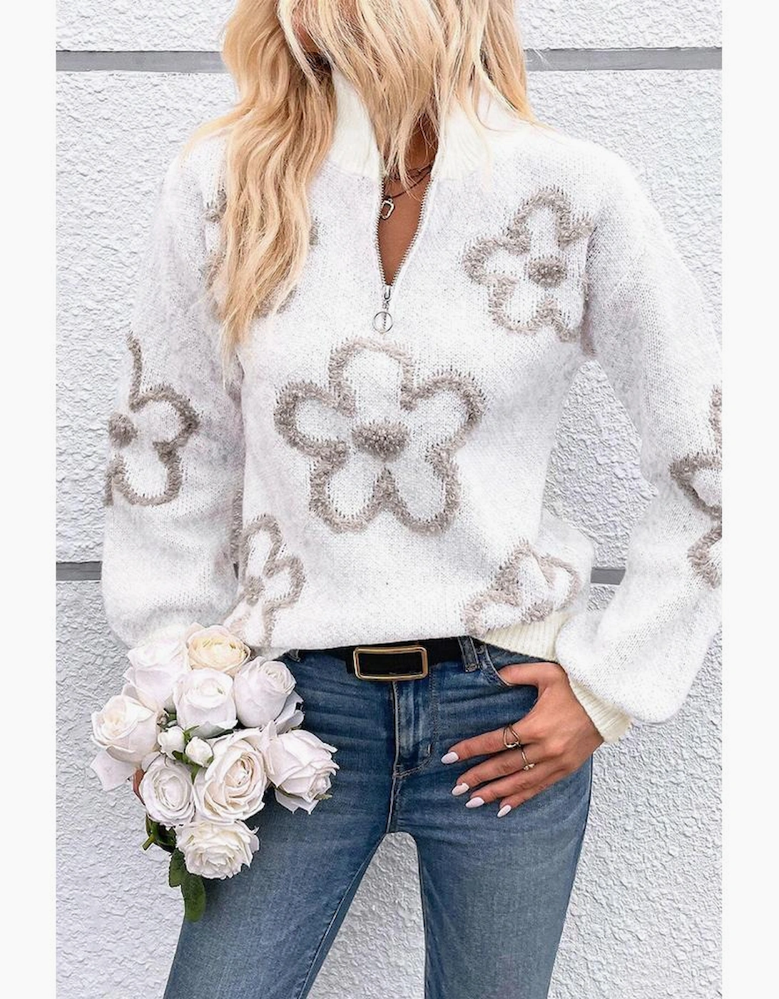 White Contrast Flower Half Zipper Stand Neck Sweater
