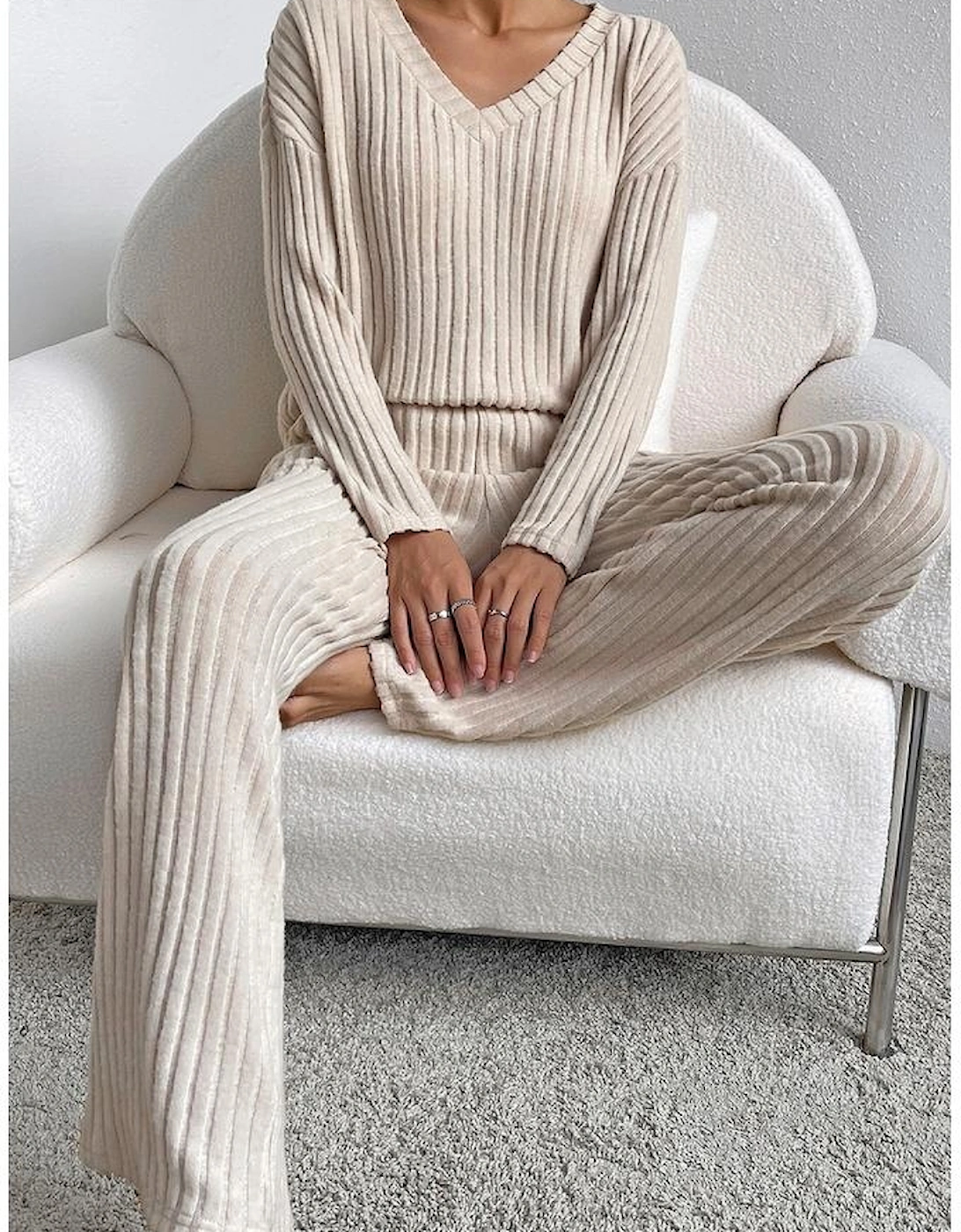 Khaki Ribbed Knit V Neck Slouchy Two-piece Outfit