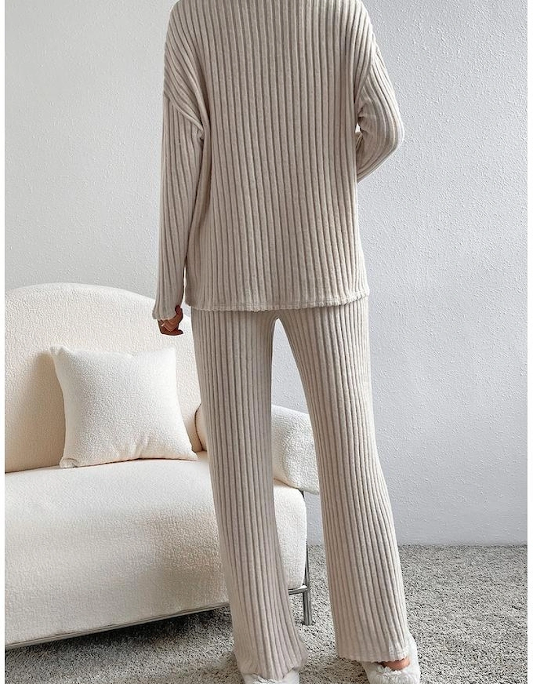 Khaki Ribbed Knit V Neck Slouchy Two-piece Outfit