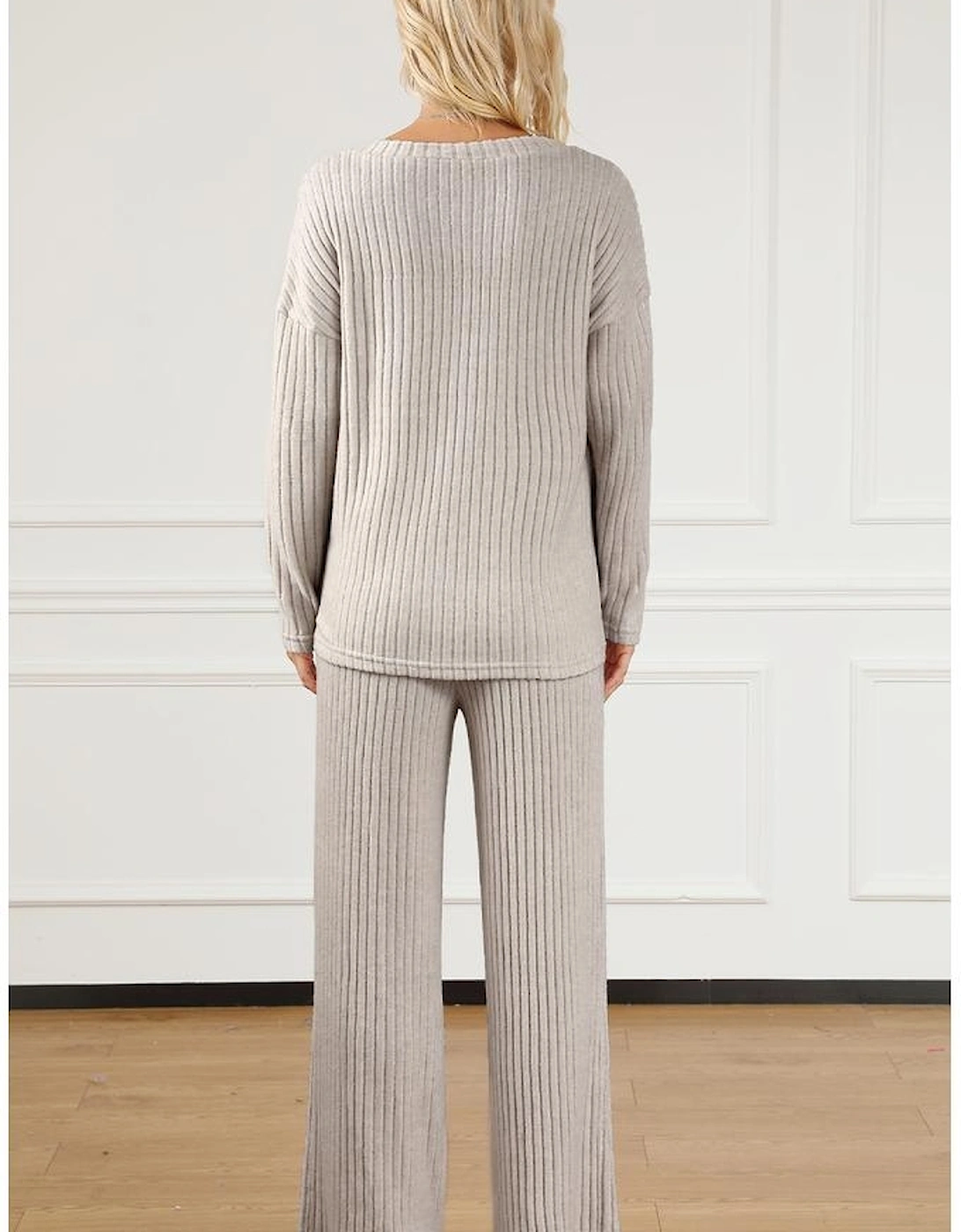 Khaki Ribbed Knit V Neck Slouchy Two-piece Outfit