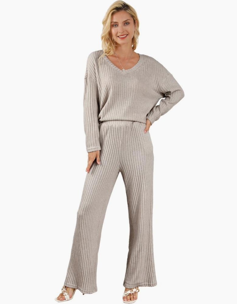 Khaki Ribbed Knit V Neck Slouchy Two-piece Outfit