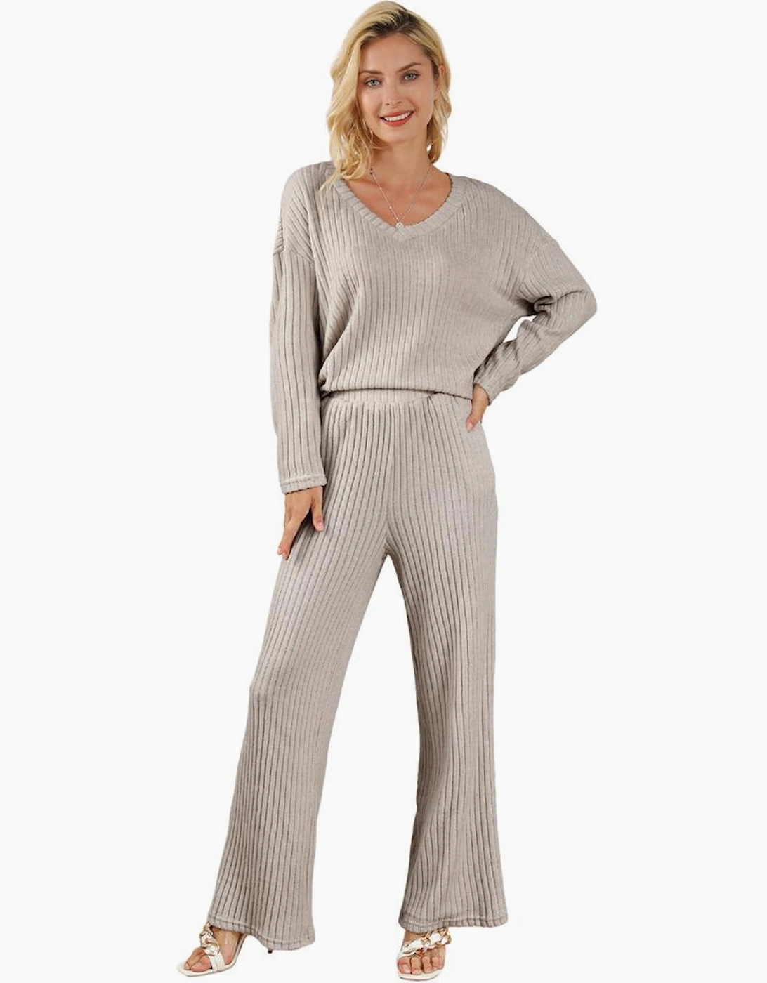 Khaki Ribbed Knit V Neck Slouchy Two-piece Outfit