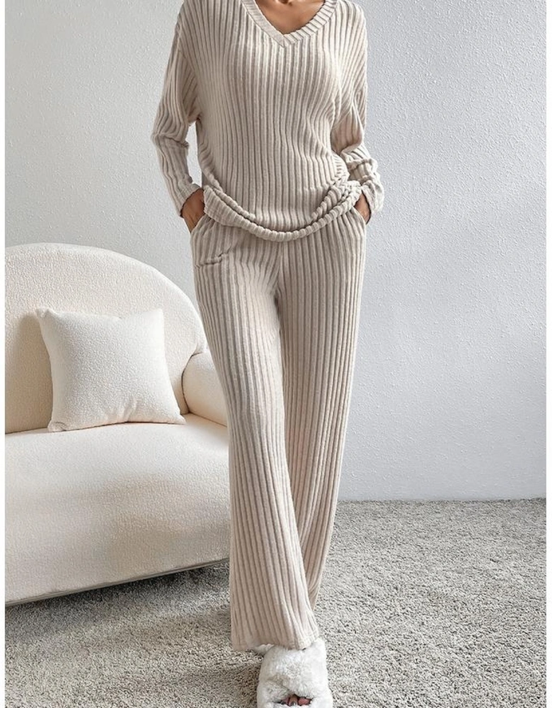 Khaki Ribbed Knit V Neck Slouchy Two-piece Outfit