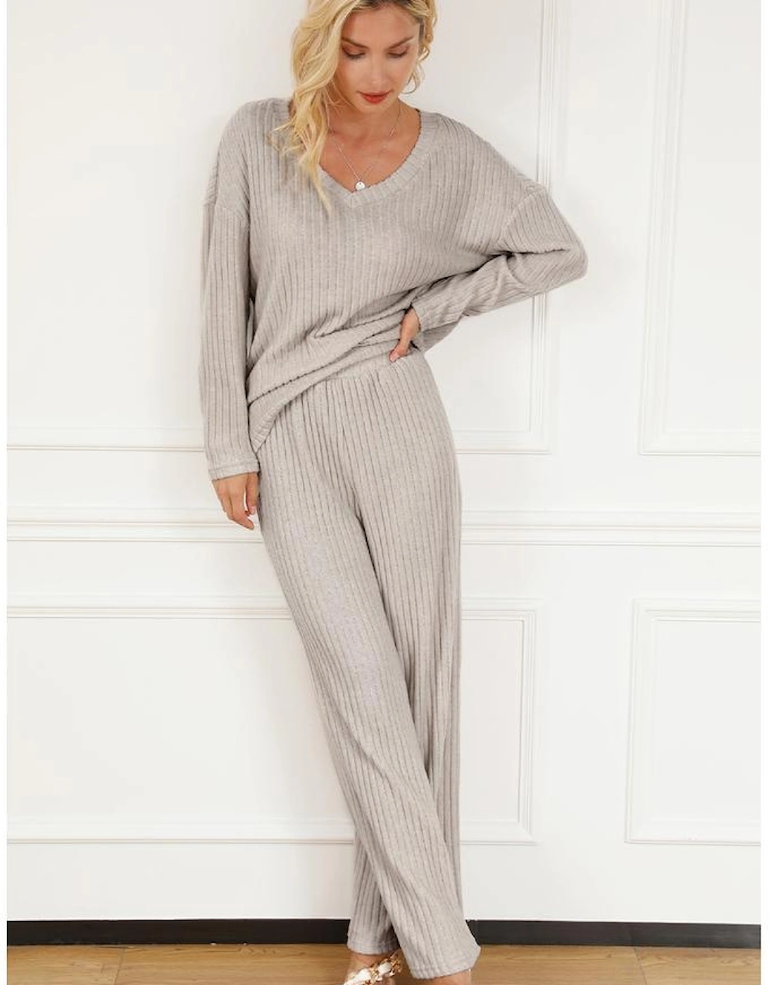 Khaki Ribbed Knit V Neck Slouchy Two-piece Outfit