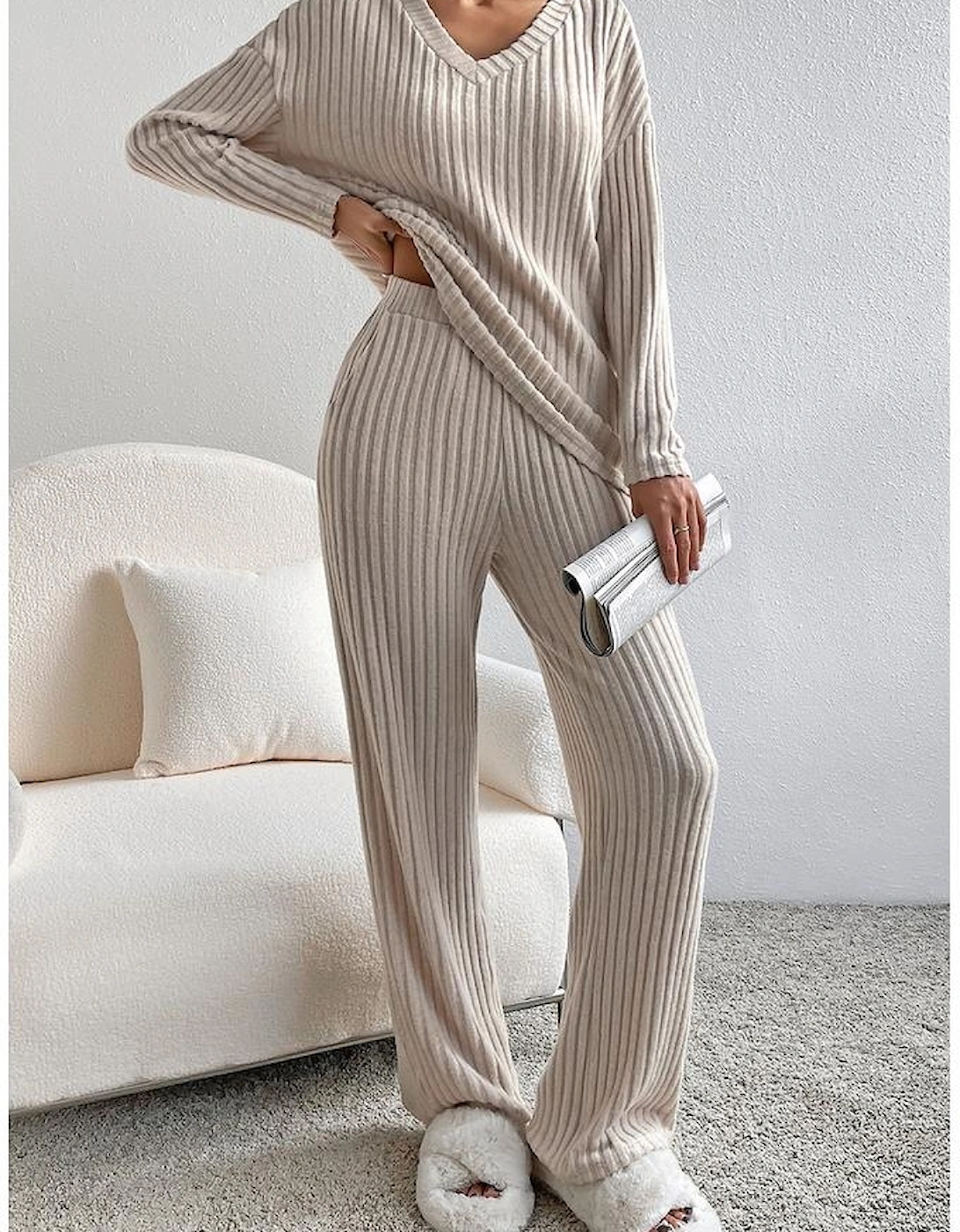 Khaki Ribbed Knit V Neck Slouchy Two-piece Outfit