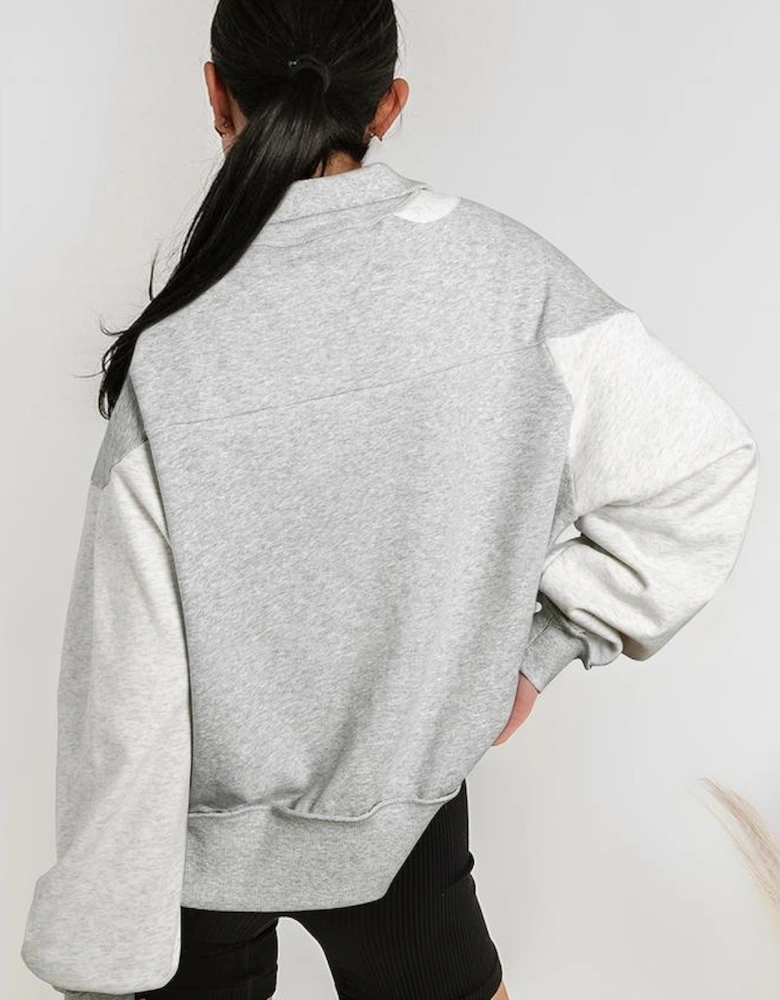 Gray Half Zipper Collared Drop Shoulder Side Slits Sweatshirt