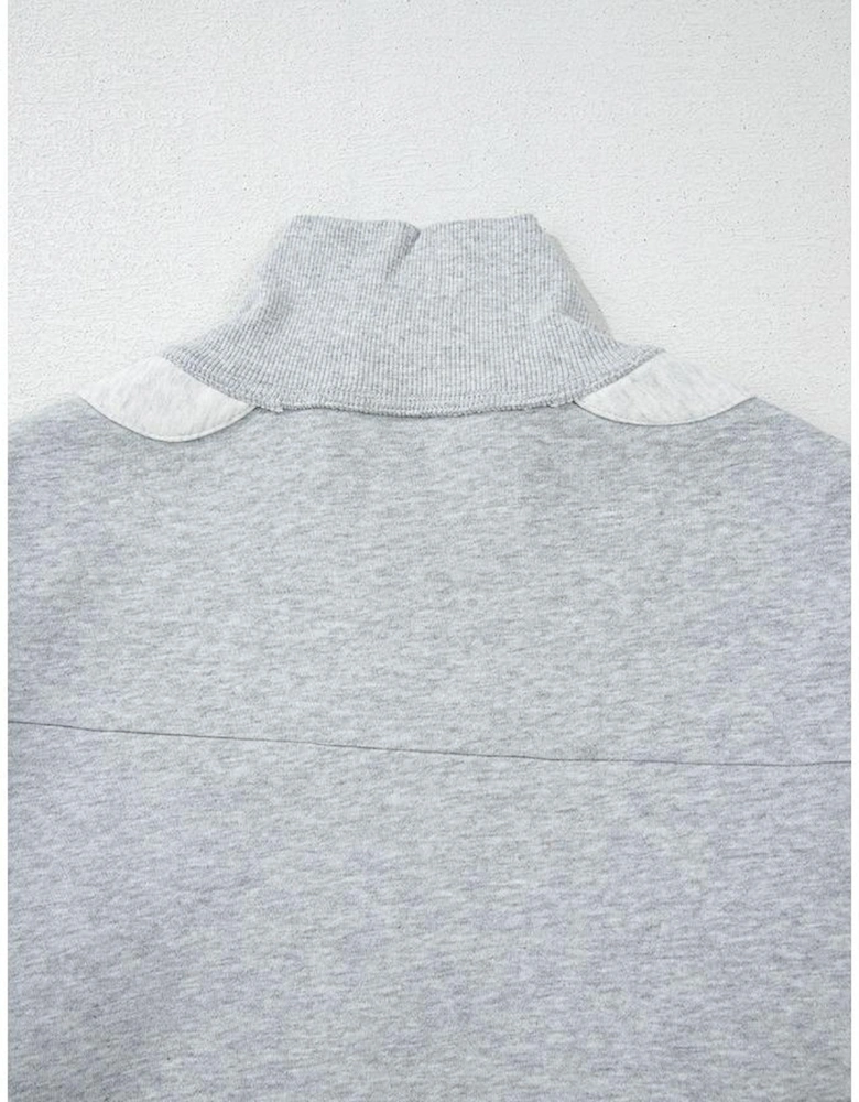 Gray Half Zipper Collared Drop Shoulder Side Slits Sweatshirt