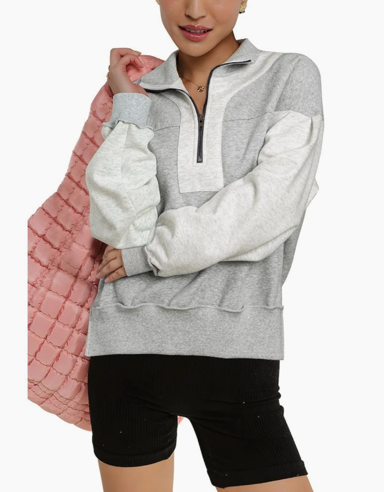 Gray Half Zipper Collared Drop Shoulder Side Slits Sweatshirt