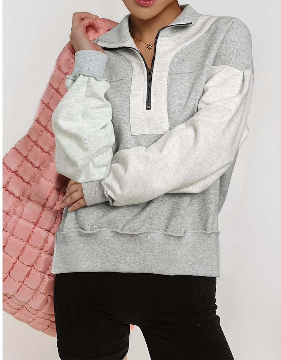 Gray Half Zipper Collared Drop Shoulder Side Slits Sweatshirt