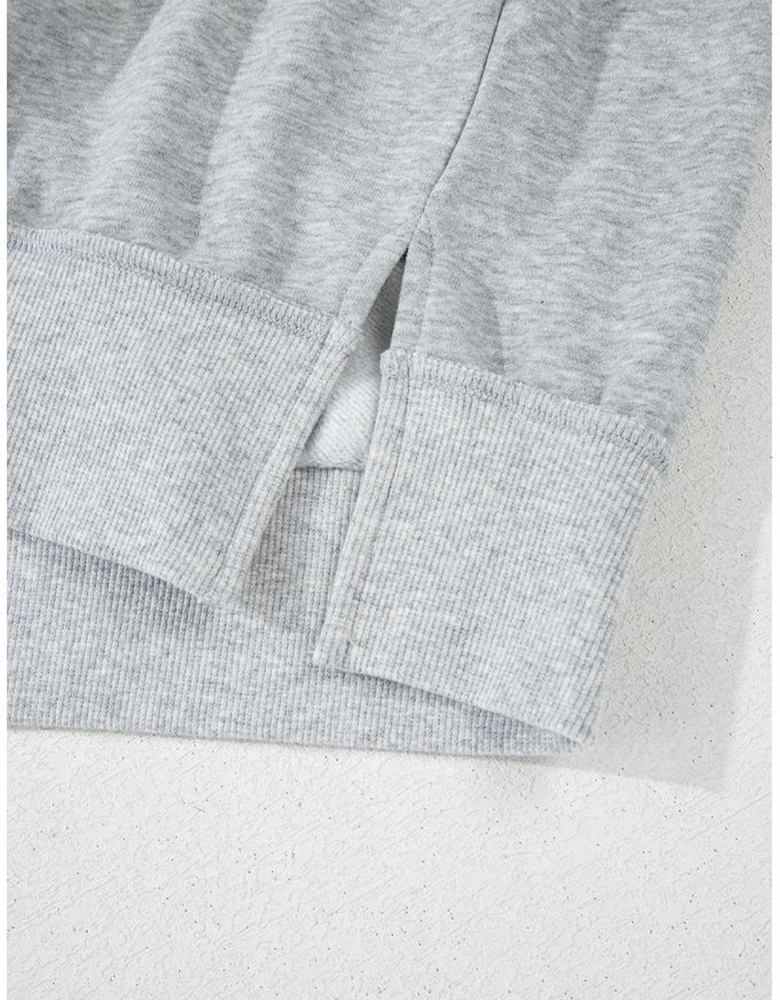 Gray Half Zipper Collared Drop Shoulder Side Slits Sweatshirt