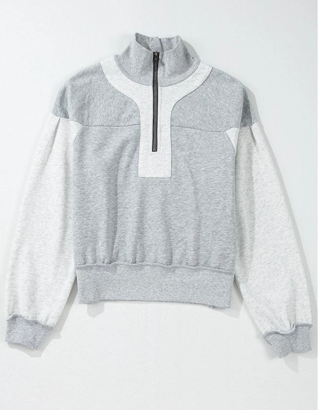 Gray Half Zipper Collared Drop Shoulder Side Slits Sweatshirt