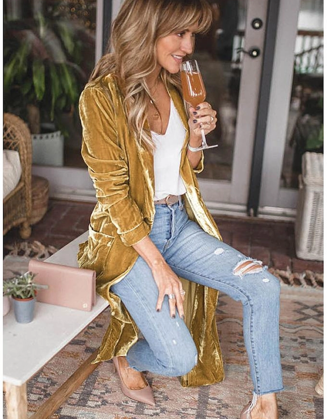 Yellow Velvet Open Front Pocketed Long Duster