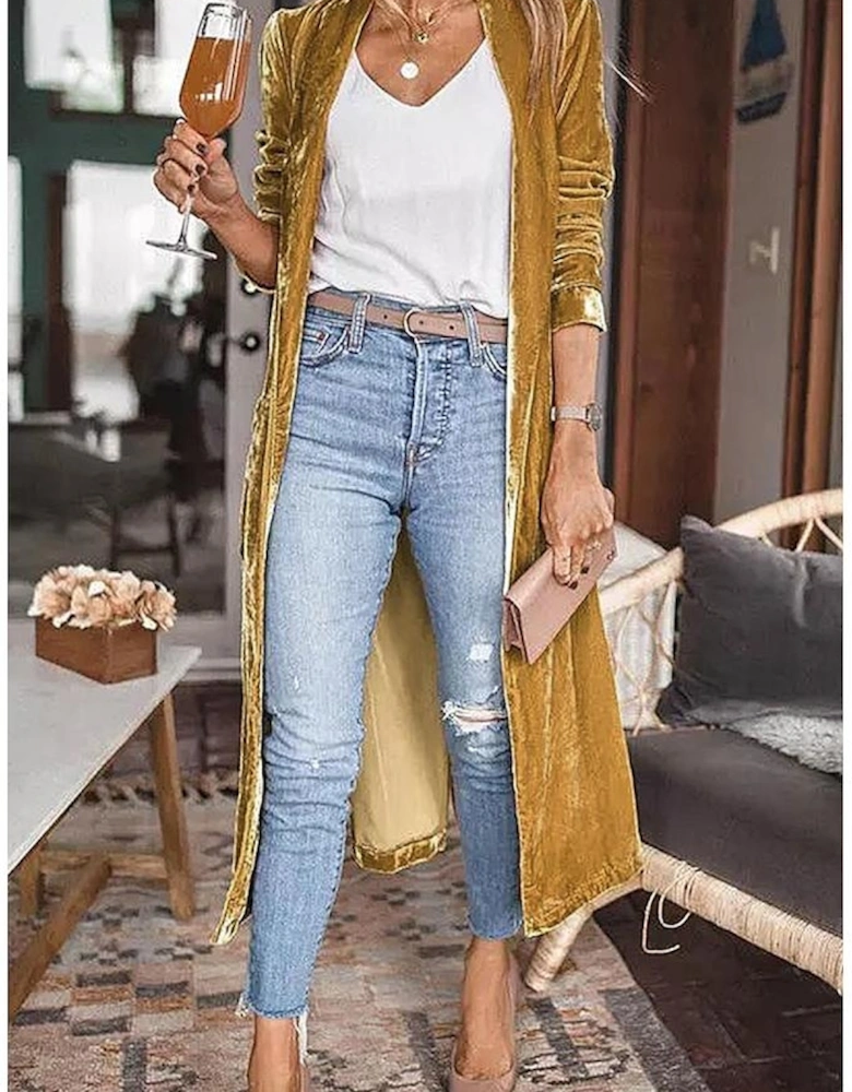 Yellow Velvet Open Front Pocketed Long Duster