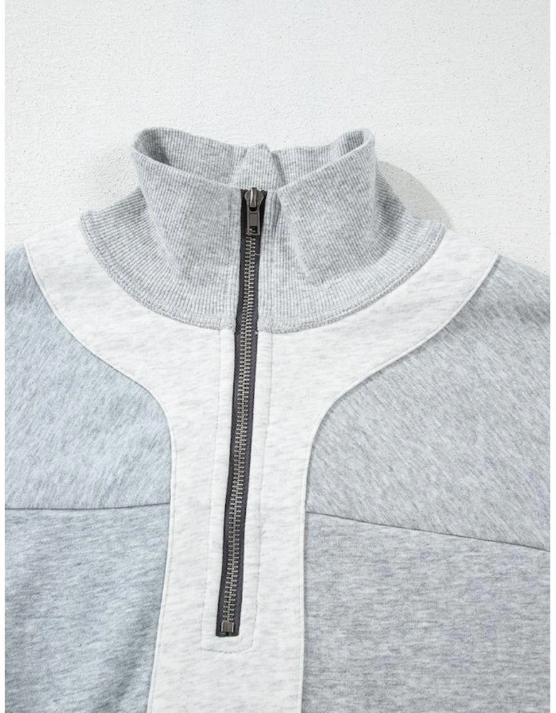 Gray Half Zipper Collared Drop Shoulder Side Slits Sweatshirt