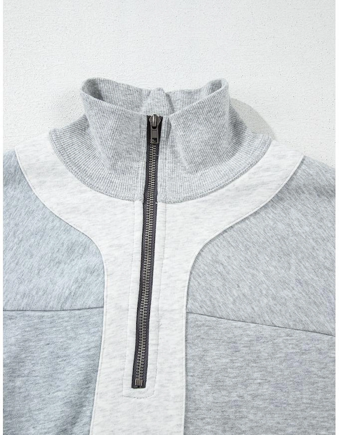 Gray Half Zipper Collared Drop Shoulder Side Slits Sweatshirt