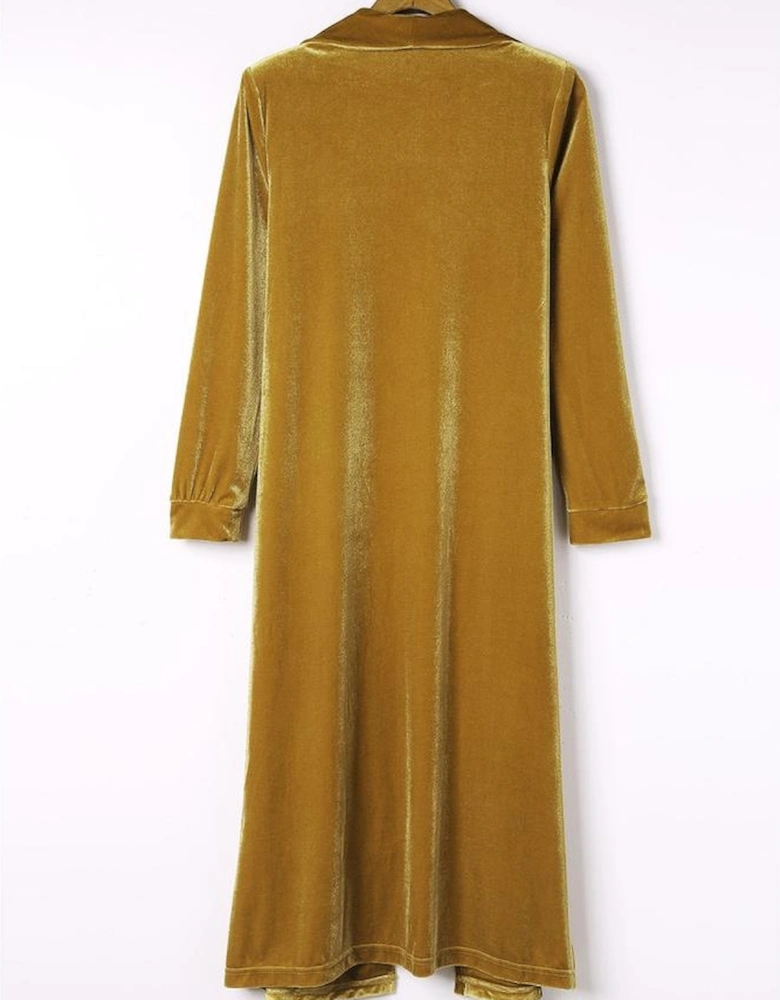 Yellow Velvet Open Front Pocketed Long Duster