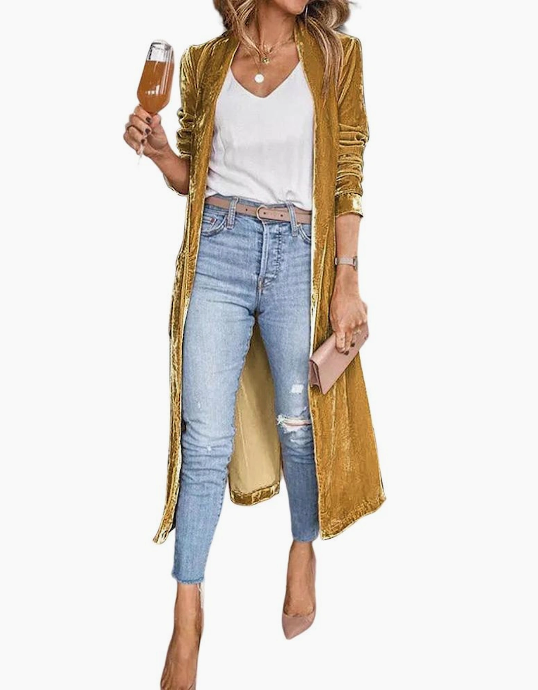 Yellow Velvet Open Front Pocketed Long Duster