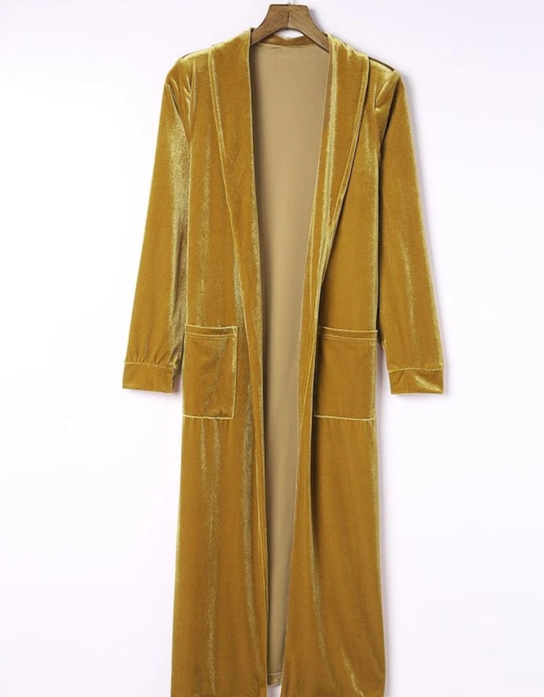 Yellow Velvet Open Front Pocketed Long Duster