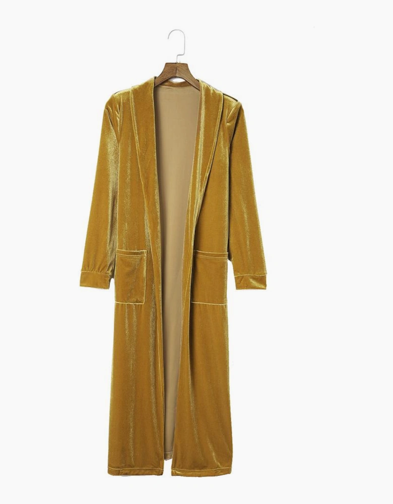 Yellow Velvet Open Front Pocketed Long Duster