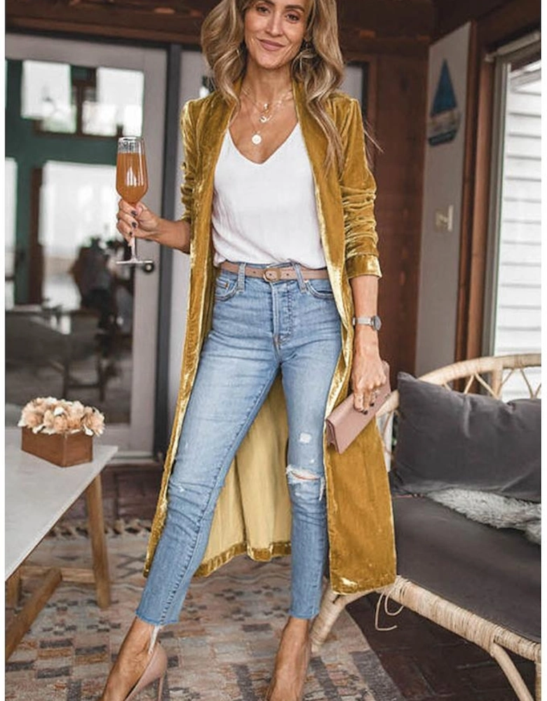 Yellow Velvet Open Front Pocketed Long Duster