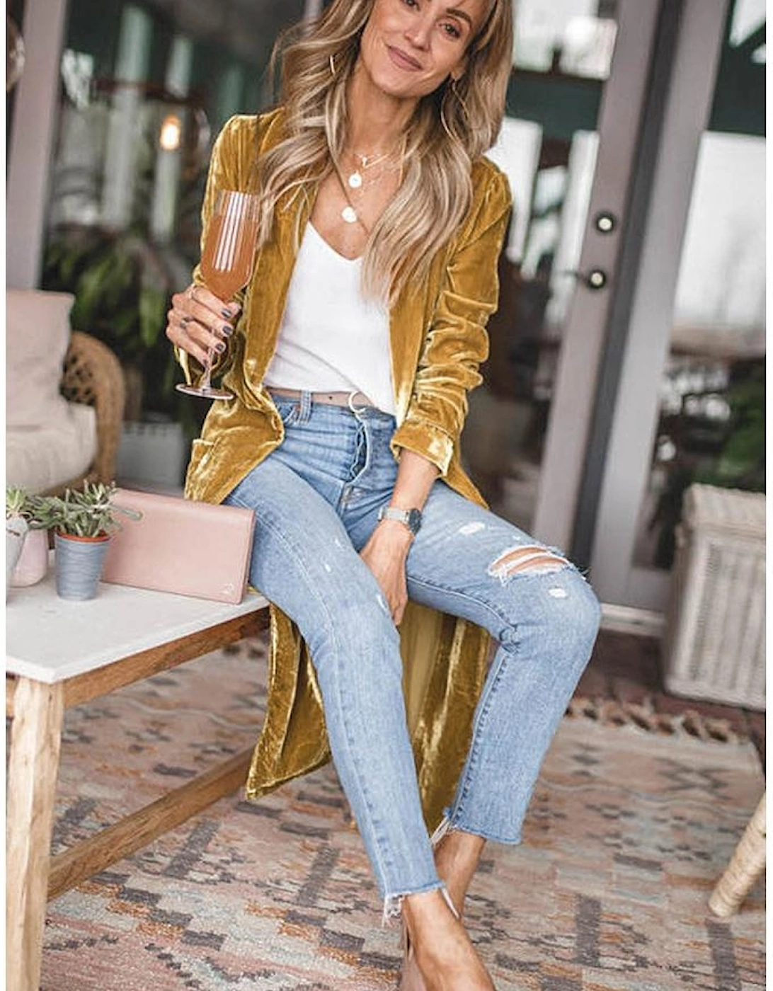 Yellow Velvet Open Front Pocketed Long Duster