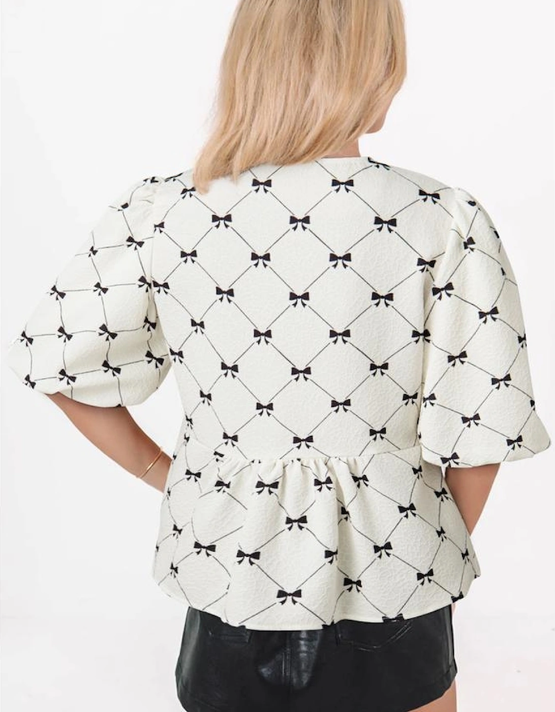 White Bowknot Print Front Knots Bubble Sleeve Blouse, 13 of 12