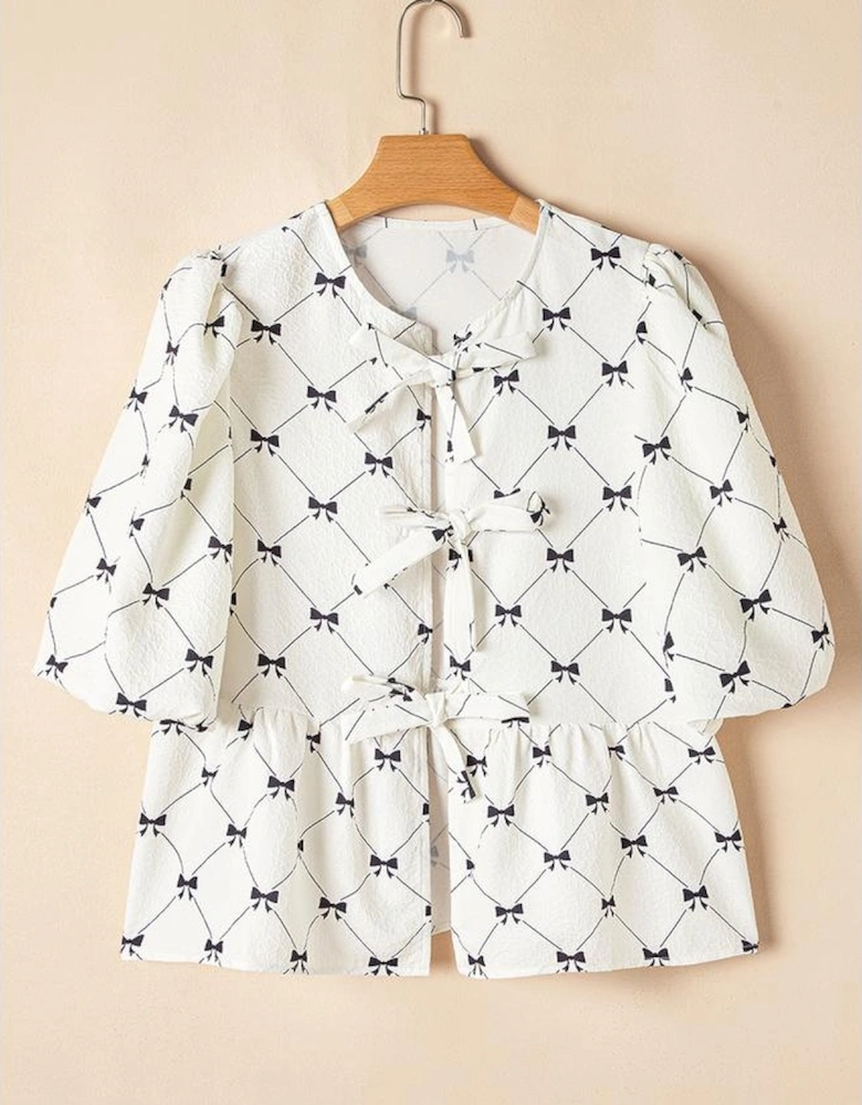 White Bowknot Print Front Knots Bubble Sleeve Blouse