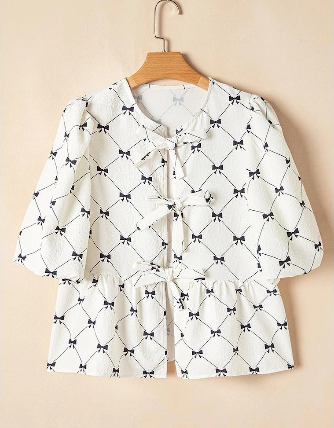 White Bowknot Print Front Knots Bubble Sleeve Blouse