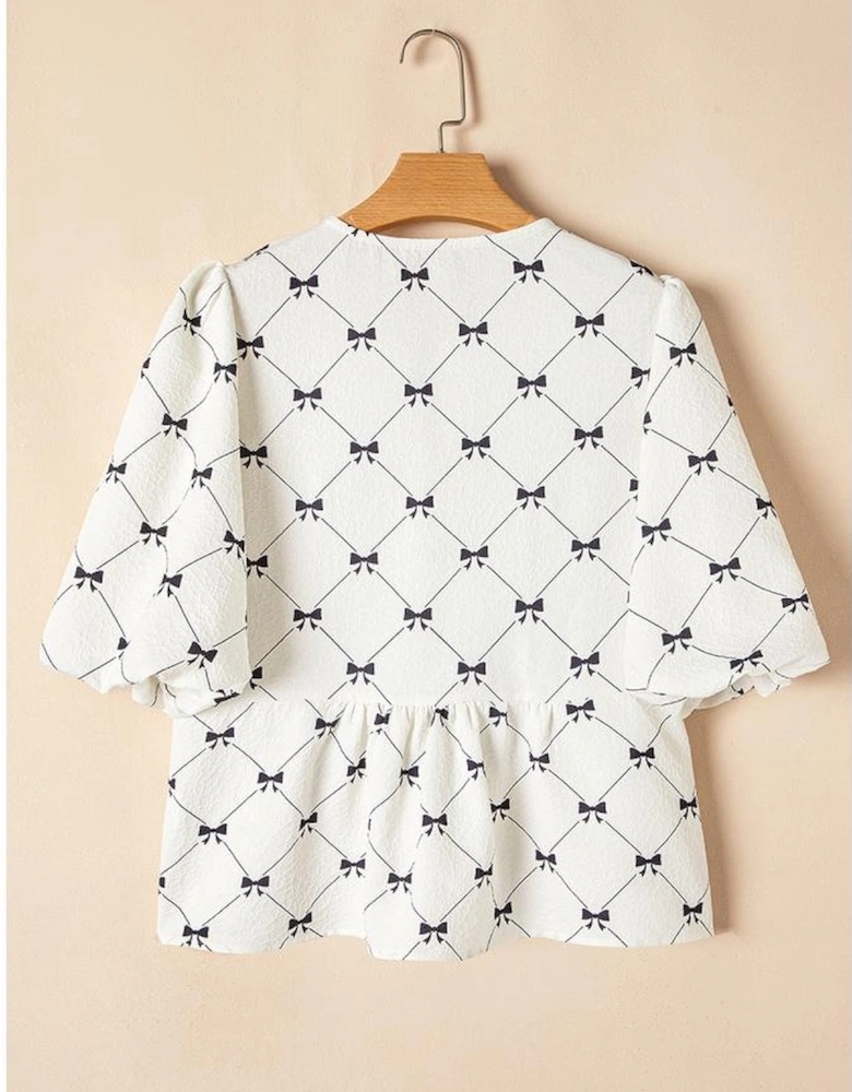 White Bowknot Print Front Knots Bubble Sleeve Blouse