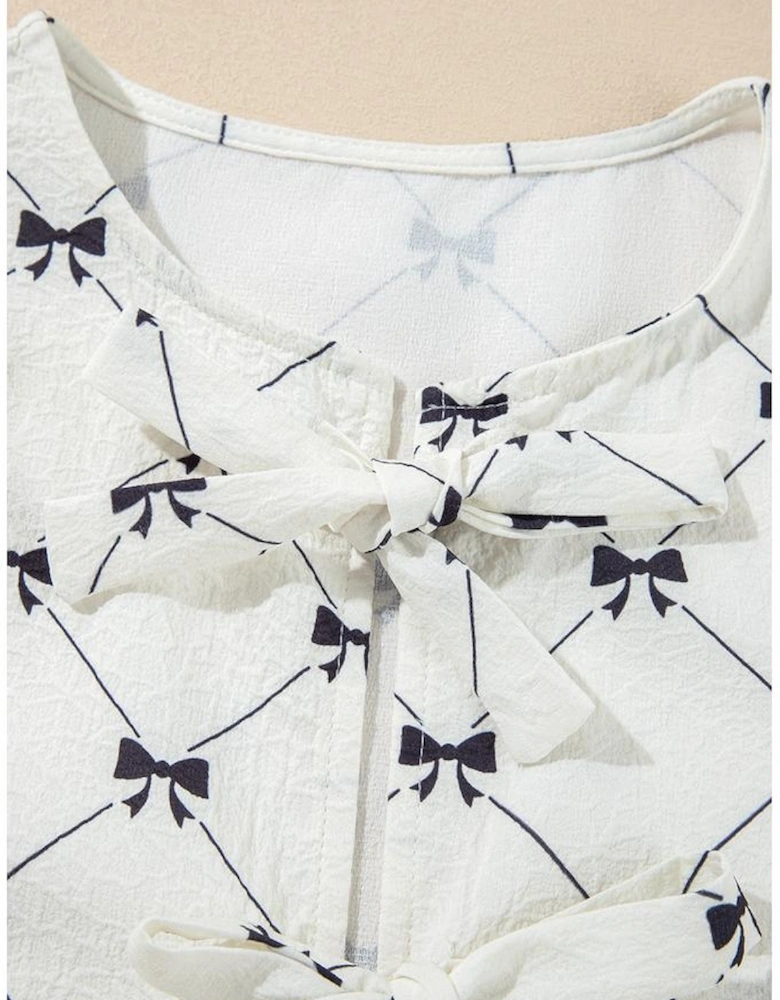 White Bowknot Print Front Knots Bubble Sleeve Blouse
