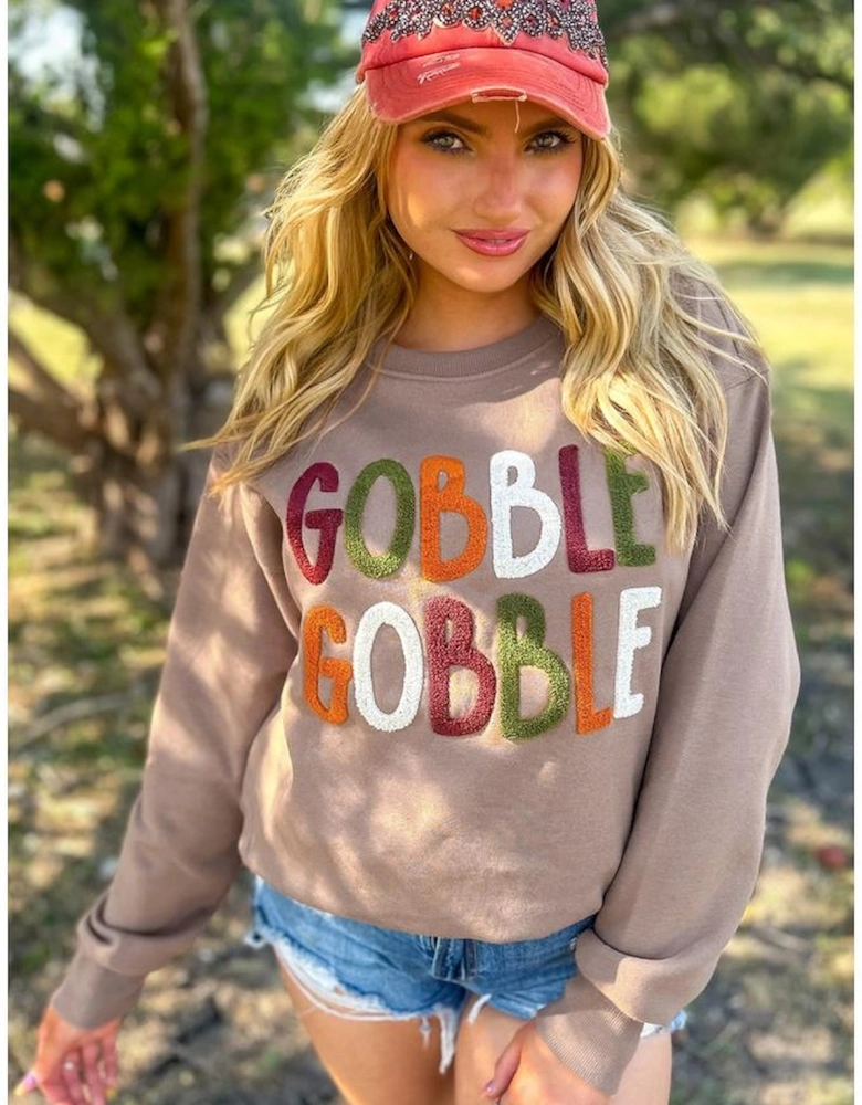 Dark Khaki GOBBLE Letter Graphic Thanksgiving Shift Sweatshirt