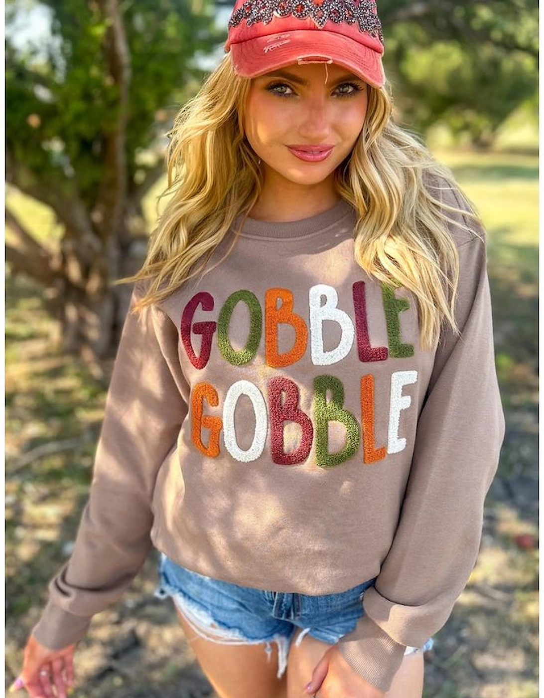 Dark Khaki GOBBLE Letter Graphic Thanksgiving Shift Sweatshirt