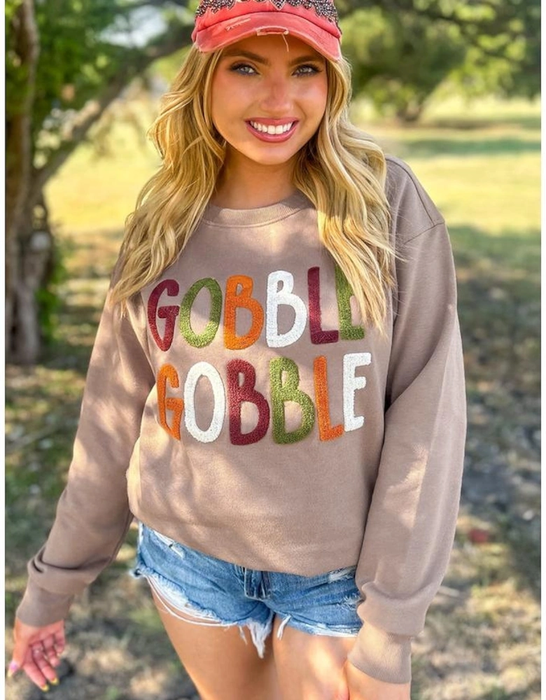Dark Khaki GOBBLE Letter Graphic Thanksgiving Shift Sweatshirt