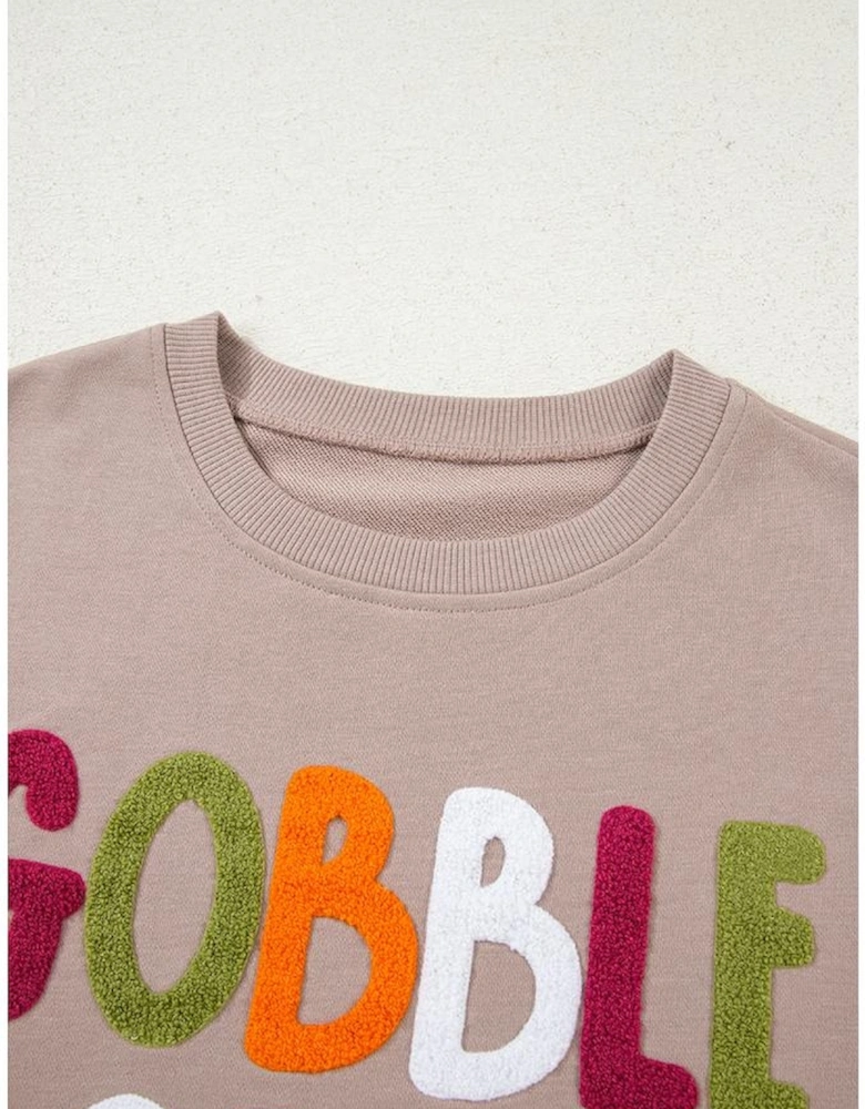 Dark Khaki GOBBLE Letter Graphic Thanksgiving Shift Sweatshirt