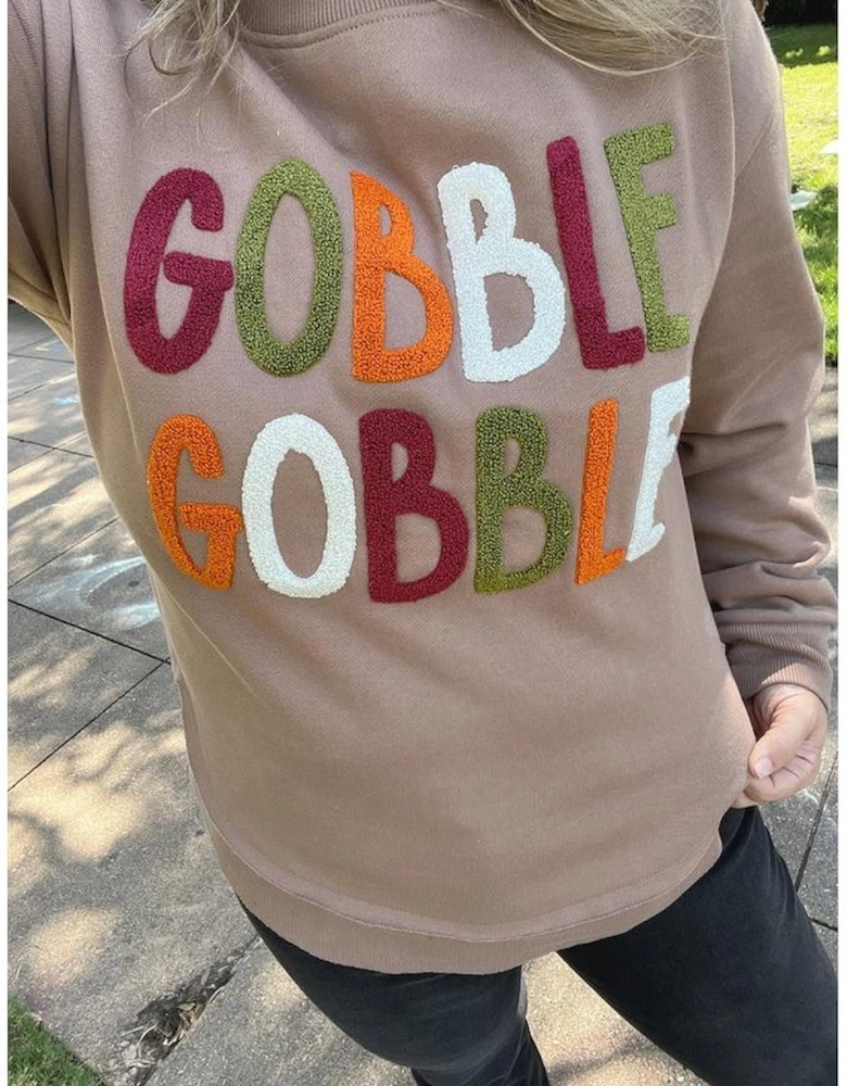 Dark Khaki GOBBLE Letter Graphic Thanksgiving Shift Sweatshirt