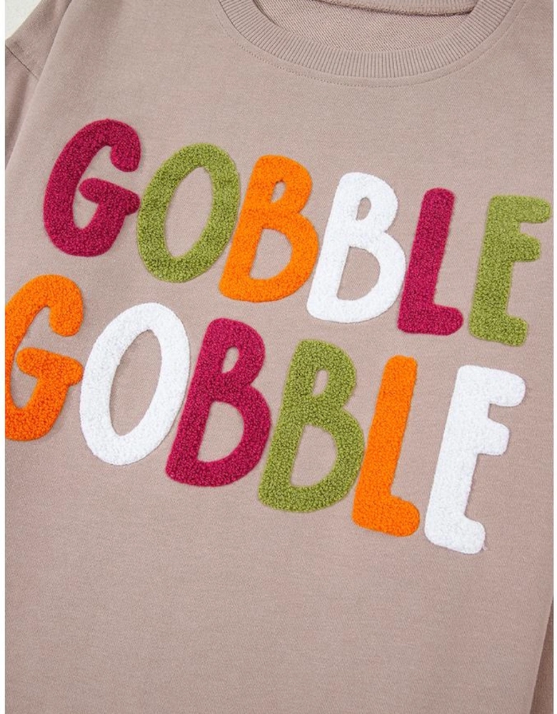 Dark Khaki GOBBLE Letter Graphic Thanksgiving Shift Sweatshirt