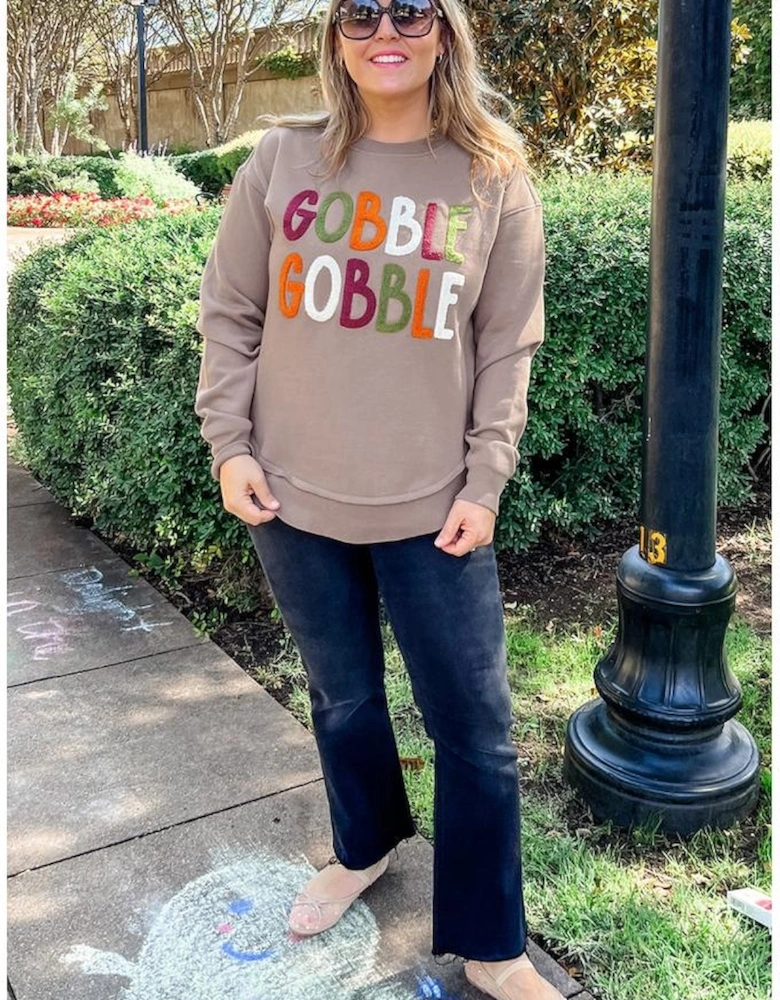 Dark Khaki GOBBLE Letter Graphic Thanksgiving Shift Sweatshirt